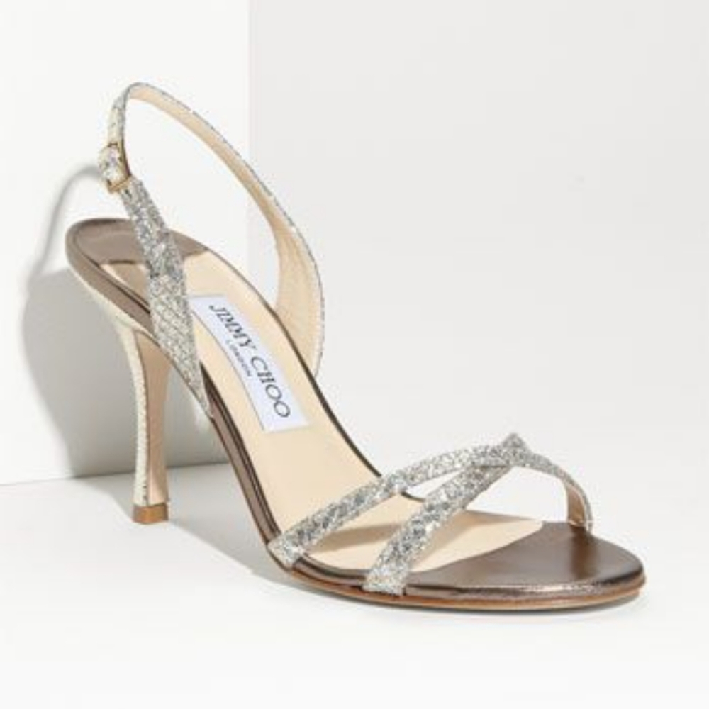 Jimmy Choo Silver Glitter India Ankle Strap Slingback Sandals size 36/ US 6